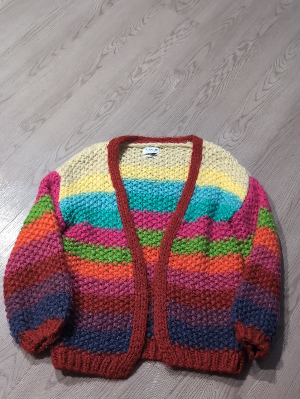 FRNCH Multicolor Striped Chunky Knit Cardigan — Red Trim